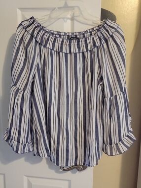 Unique Spectrum Striped On/ Off-Shoulder Sheer Striped Peasant Top